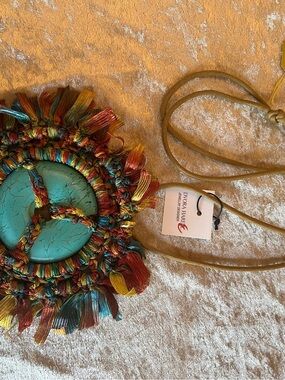 Turquoise Statement Pendant with Multicolor Fringe on a Suede thong Necklace